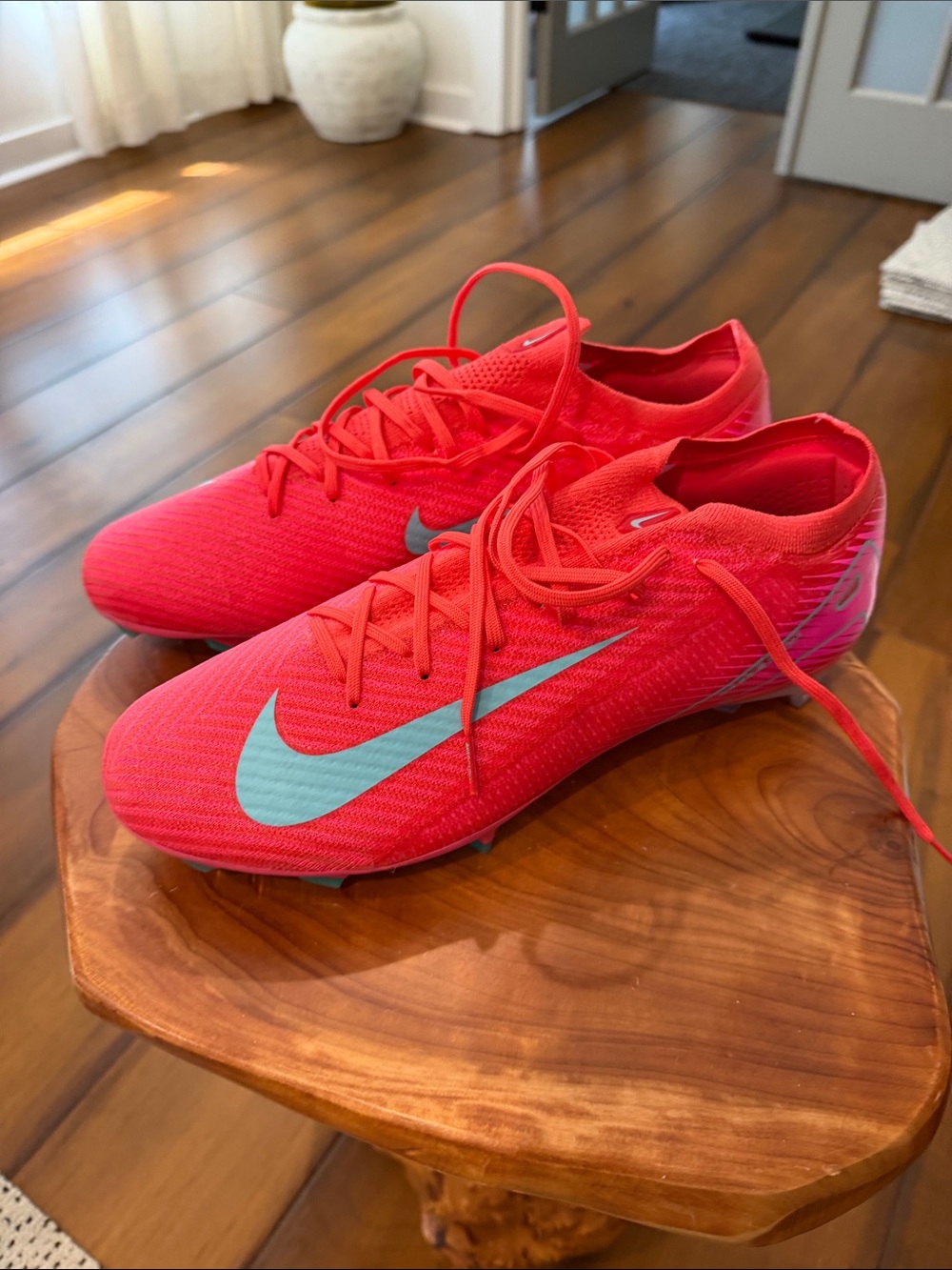 Nike Men’s Mecurial Elite Bright Red Soccer Cleats with Teal Swoosh